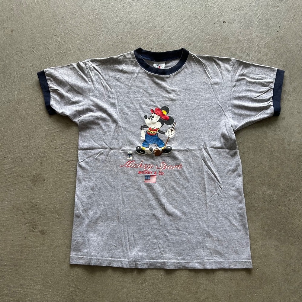 Vintage 90s Mickey Sport Golf Shirt Size Large Gray‎ Ringer Mickey Mouse Disney